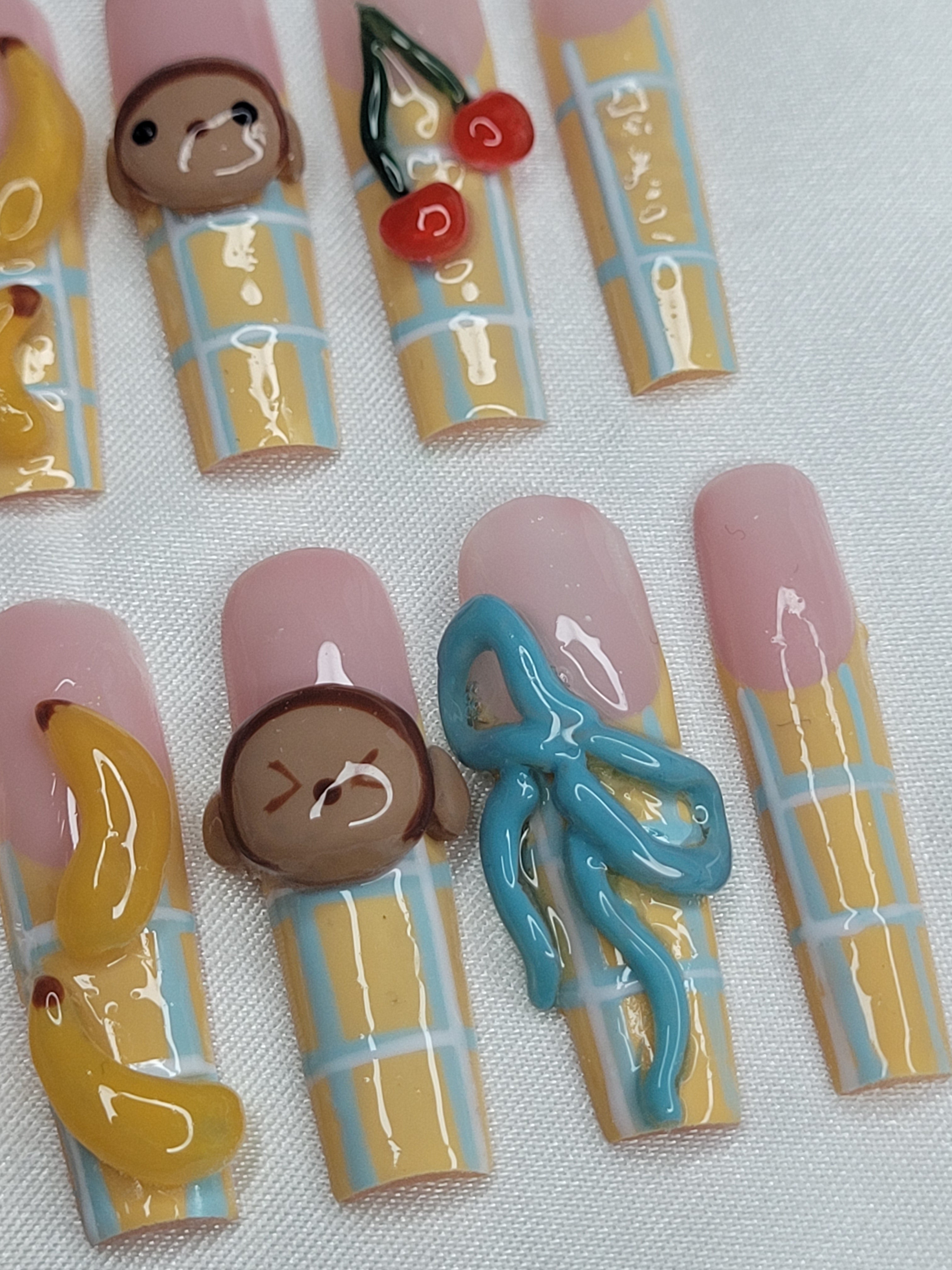 Banana Monkey Fun Set 🍌🐒 | 3D Cute Press On Nails