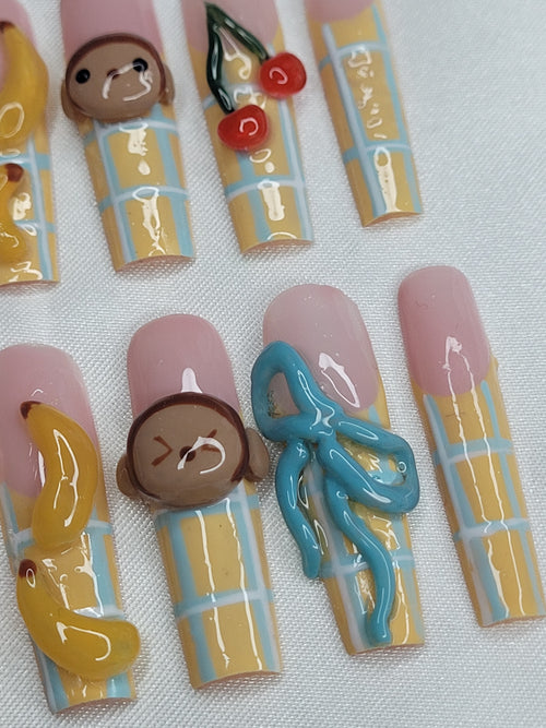 Banana Monkey Fun Set 🍌🐒 | 3D Cute Press On Nails